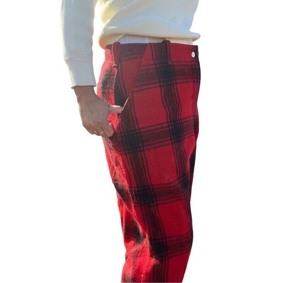VINTAGE WOOL PANTS Buffalo Plaid Red Black Pockets Jogger Hunt Ski Snow 32x30 - Picture 2 of 16